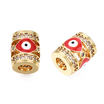 Brass Micro Pave Cubic Zirconia Beads, with Enamel, Real 18K Gold Plated, Column with Evil Eye, Nickel Free, Dark Red, 11.5x9.5mm, Hole: 4.5mm