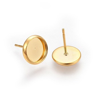 Flat Round 304 Stainless Steel Stud Earring Settings, Real 18K Gold Plated, Tray: 12mm, 14mm, Pin: 0.7mm