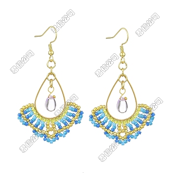 Handmade Glass Seed Beads Dangle Earrings, with 304 Stainless Steel & Glass, Teardrop, Golden, Dodger Blue, 61x34.5mm