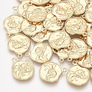 Brass Pendants, Flat Round with Constellations, Real 18K Gold Plated, Leo, 16x14x1~1.5mm, Hole: 1mm