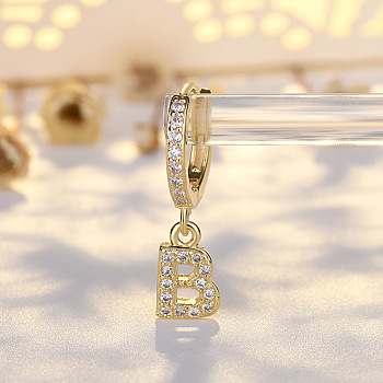 Brass Micro Pave Clear Cubic Zirconia Hoop Earrings, Golden, Letter B, 24x7mm