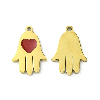Ion Plating(IP) 304 Stainless Steel Manual Polishing Charms, with Enamel, Hamsa Hand/Hand of Miriam with Heart, Golden, 14.5x10x1.5mm, Hole: 1.2mm