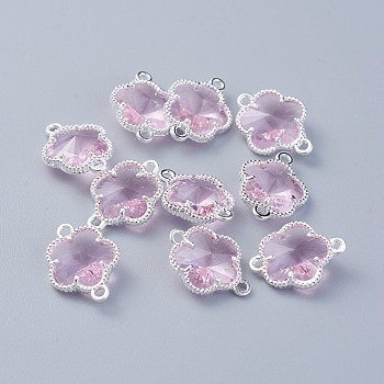 Glass Links connectors, with Eco-Friendly Alloy Open Back Berzel Findings, Flower, Silver Color Plated, Pink, 15.5x12x5mm, Hole: 1.4mm