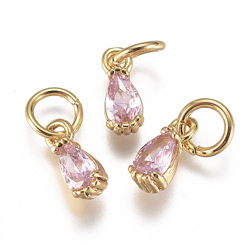 Brass Micro Pave Cubic Zirconia Charms, with Jump Ring, Long-Lasting Plated, Real 18K Gold Plated, Faceted, Teardrop, Pink, 8x3x3mm, Hole: 3mm