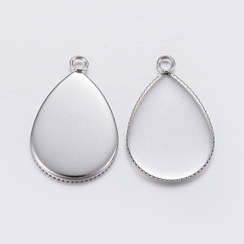 304 Stainless Steel Pendant Cabochon Settings, Milled Edge Bezel Cups, teardrop, Stainless Steel Color, Tray: 18x13mm, 21x13.5x1.5mm, Hole: 2mm