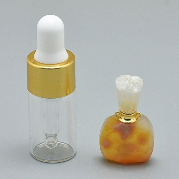 Natural Agate Openable Perfume Bottle Pendants, with Brass Findings and Glass Essential Oil Bottles, 30~36x18~20x9.5~16mm, Hole: 0.8mm, Glass Bottle Capacity: 3ml(0.101 fl. oz), Gemstone Capacity: 1ml(0.03 fl. oz)
