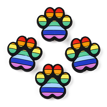 Rainbow Style Pattern Silicone Beads, Paw Print, Colorful, 28~28.5x28x8mm, Hole: 3~3.5mm