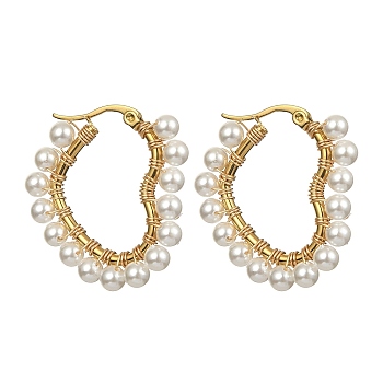 Shell Pearl Beaded Heart Hoop Earrings, 201 Stainless Steel Earrings with 304 Stainless Steel Pins, Golden, 31.5x29.5x4.5mm