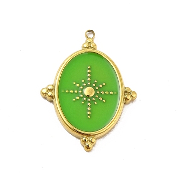 304 Stainless Steel Pendants, with Enamel, Oval with Star Charm, Golden, Lime Green, 24x18x2mm, Hole: 1.4mm