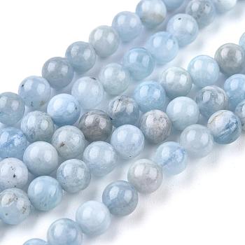 Natural Aquamarine Beads Strands, Round, Grade AB, 6mm, Hole: 0.7mm, about 62pcs/Strand, 15.5 inch(39cm)