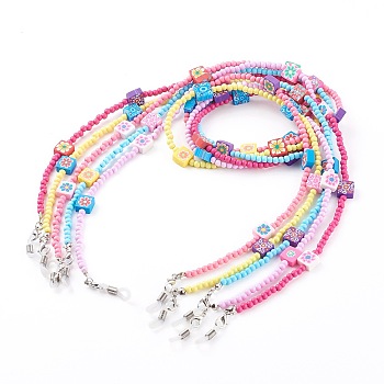 Eyeglasses Chains, Neck Strap for Eyeglasses, with Acrylic Round Beads, Polymer Clay Beads and Rubber Loop End, Square with Flower, Mixed Color, 27.95 inch(71cm)
