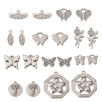 20Pcs 10 Style 304 Stainless Steel Pendants, Butterfly & Leaf & Flower & Flat Round & Polygon, Stainless Steel Color, 9.5~29x6~25x1.5~3.5mm, Hole: 0.1~3.5x0.1~4mm, 2pcs/style