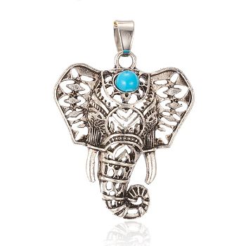 Alloy Pendants, with Synthetic Turquoise, Elephant, Antique Silver, 35x29.5x7mm, Hole: 5x6mm