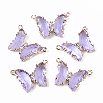 Glass Pendants, with  Micro Pave Cubic Zirconia and Brass Open Back Settings, Faceted, Butterfly, Golden, Lilac, 16.5x23.5x5.5mm, Hole: 1.2mm
