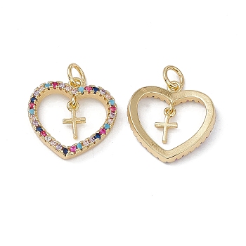 Brass Colorful Cubic Zirconia Pendants, with Jump Ring, Heart with Cross Charms, Real 18K Gold Plated, 17x16x2.5mm, Hole: 3mm