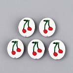 Handmade Porcelain Beads, Printed, Oval with Cherry, Famille Rose Style, Cerise, 18.5~20.5x15.5~17x5.5mm, Hole: 1.6~2mm(PORC-Q005-12A)