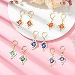 304 Stainless Steel Leverback Earrings, with Glass Seed Beads, Rhombus, Golden, Mixed Color, 41x15.5mm(EJEW-MZ00733)