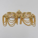 Organza Ornament Accessories, Lace Applique Patch, Sewing Craft Decoration, with Plastic Beads, Flower, Gold, 130x275x5.5mm(DIY-WH0308-673A)