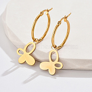 304 Stainless Steel Dangle Hoop Earrings, Butterfly, Real 18K Gold Plated, 42x18mm(NO4261)