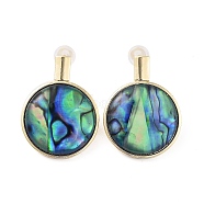 Natural Paua Shell Flat Round Stud Earrings, Brass Earrings and 925 Sterling Silver Pins, Real 14K Gold Plated, 23.5x18mm(EJEW-P256-12G)