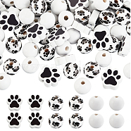 180Pcs 3 Style Natural Wood Beads, Round & Dog Paw Print, Black and White, 16~20x15~16mm(WOOD-GL0001-06)