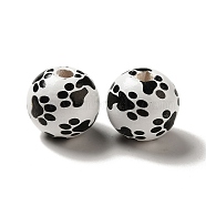 Dog Paw Printed Round Wood European Beads, Large Hole Beads, White, 16mm, Hole: 4mm(WOOD-K007-06)