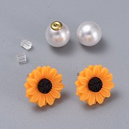 Resin Stud Earrings, with Brass Findings, Plastic Ear Nuts and Acrylic Pearl Ear Nuts, Sunflower, Orange, 15.5mm, Pin: 0.7mm(EJEW-JE03344)