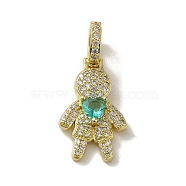 Rack Plating Brass Micro Pave Clear Cubic Zirconia Pendants, Real 18K Gold Plated, Long-Lasting Plated, Lead Free & Cadmium Free, Human, Green, 30.5x14x9mm, Hole: 5.5mm(KK-R158-02D-G)