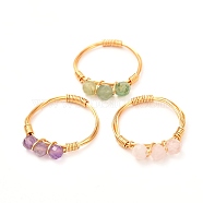 Copper Wire Wrapped Natural Gemstone Braided Bead Rings for Women, Real 18K Gold Plated, 2.5mm, Inner Diameter: 16mm(RJEW-JR00393)