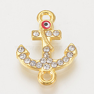 Alloy Rhinestone Links connectors, Cadmium Free & Lead Free, Anchor with Evil Eye, Red, Golden, 21x14.5x2mm, Hole: 1mm(X-ALRI-S170-10G)