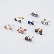Brass Ear Stud Components, with Natural Druzy Agate, Nuggets, Mixed Color, 6~9x5~8.5x3~7mm, Pin: 0.7mm(EJEW-E222-C)