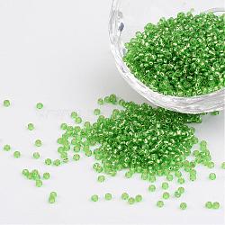 11/0 Grade A Transparent Glass Seed Beads, Silver Lined Round Hole, Round, Lime Green, 2x1.5mm, Hole: 0.3mm, about 3000pcs/50g(X-SEED-Q007-F49)