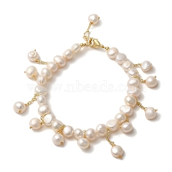 Natural Pearl Beads Charm Bracelets, with Brass Chains, Real 14K Gold Plated, 6-5/8 inch(16.7cm)(BJEW-C051-50G)