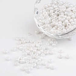 6/0 Opaque Colors Lustered Round Glass Seed Beads, White, Size: about 4mm in diameter, hole:1.5mm, about 495pcs/50g(X-SEED-A012-4mm-121)
