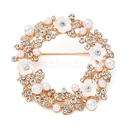 Christmas Wreath Alloy Rhinestone Lapel Pin Brooches, Shawl Pins for Women, with Imitation Pearl & Plastic, Light Gold, 47x47mm(JEWB-K041-05KCG)