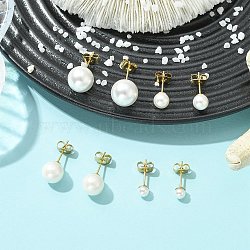 4 Pairs 304 Stainless Steel Stud Earrings, Round, with Shell Pearl Beads, Golden, Creamy White, 16~23mm(EJEW-JE07011)