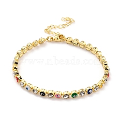 Flat Round with Evil Eye Link Chain Bracelet, Clear Cubic Zirconia Tennis Bracelet for Women, Golden, Colorful, 7-1/8 inch(18.2cm)(BJEW-C007-05G-03)