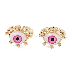 Brass Cuff Rings, Open Rings, with Resin Beads, Long-Lasting Plated, Real 18K Gold Plated, Evil Eye, Pink, 2.5mm, Inner Diameter: 17.5mm(RJEW-M138-27G-A)