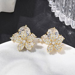 Brass Micro Pave Clear Cubic Zirconia Stud Earrings, Flower, Long-Lasting Plated, Rack Plating, Lead Free & Cadmium Free, Real 18K Gold Plated, 17x18mm(KK-CBA56EF-37G)