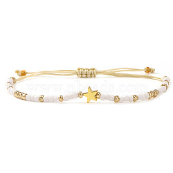 Glass Seed Beads Adjustable Bracelets, Brass Star Charm Bracelets for Women, White, 11.02 inch(28cm)(KO8624-8)