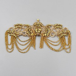 Organza Ornament Accessories, Lace Applique Patch, Sewing Craft Decoration, with Plastic Beads, Flower, Gold, 130x275x5.5mm(DIY-WH0308-673A)