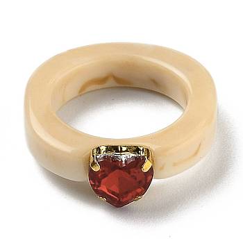 Resin Finger Rings, with Plastic Rhinestone, Heart, Golden, PeachPuff, US Size 6, Inner Diameter: 17mm