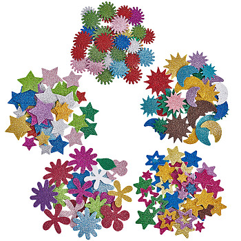 5 Sets 5 Styles EVA Plastic Self-Adhesive Foam Stickers, with Glitter Powder, for Party Decorative Presents, Mixed Shapes, Mixed Color, 14.5~52x15~49x2mm, 1 set/style