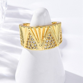 Brass Micro Pave Clear Cubic Zirconia Cuff Rings for Women, Triangle, Real 18K Gold Plated, 13.5mm, Inner Diameter: 18mm