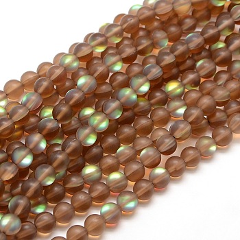 Synthetic Moonstone Beads Strands, Holographic Beads, Half AB Color Plated, Frosted, Round, Coffee, 6mm, Hole: 1mm, about 60pcs/strand, 15 inch