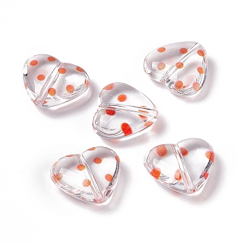 Transparent Acrylic Beads, Heart with Polka Dot Pattern, Clear, Orange, 15.5x17.5x6mm, Hole: 1.7mm