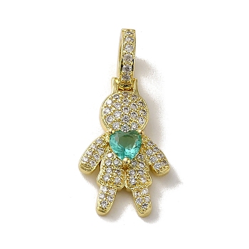 Rack Plating Brass Micro Pave Clear Cubic Zirconia Pendants, Real 18K Gold Plated, Long-Lasting Plated, Lead Free & Cadmium Free, Human, Green, 30.5x14x9mm, Hole: 5.5mm