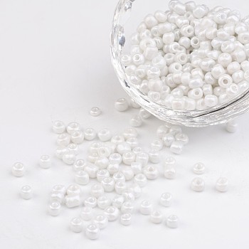 6/0 Opaque Colors Lustered Round Glass Seed Beads, White, Size: about 4mm in diameter, hole:1.5mm, about 495pcs/50g