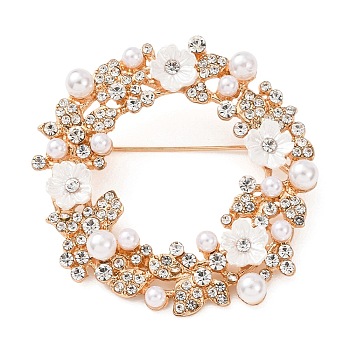 Christmas Wreath Alloy Rhinestone Lapel Pin Brooches, Shawl Pins for Women, with Imitation Pearl & Plastic, Light Gold, 47x47mm