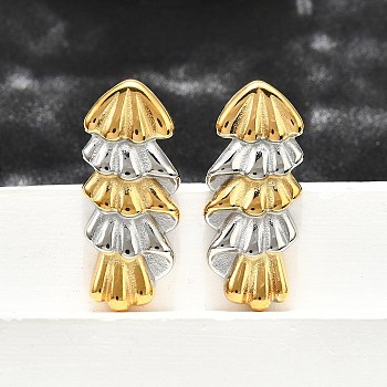 304 Stainless Steel Two-tone Stud Earrings for Women, Real 18K Gold Plated, Fold Charm, 34x14.5mm